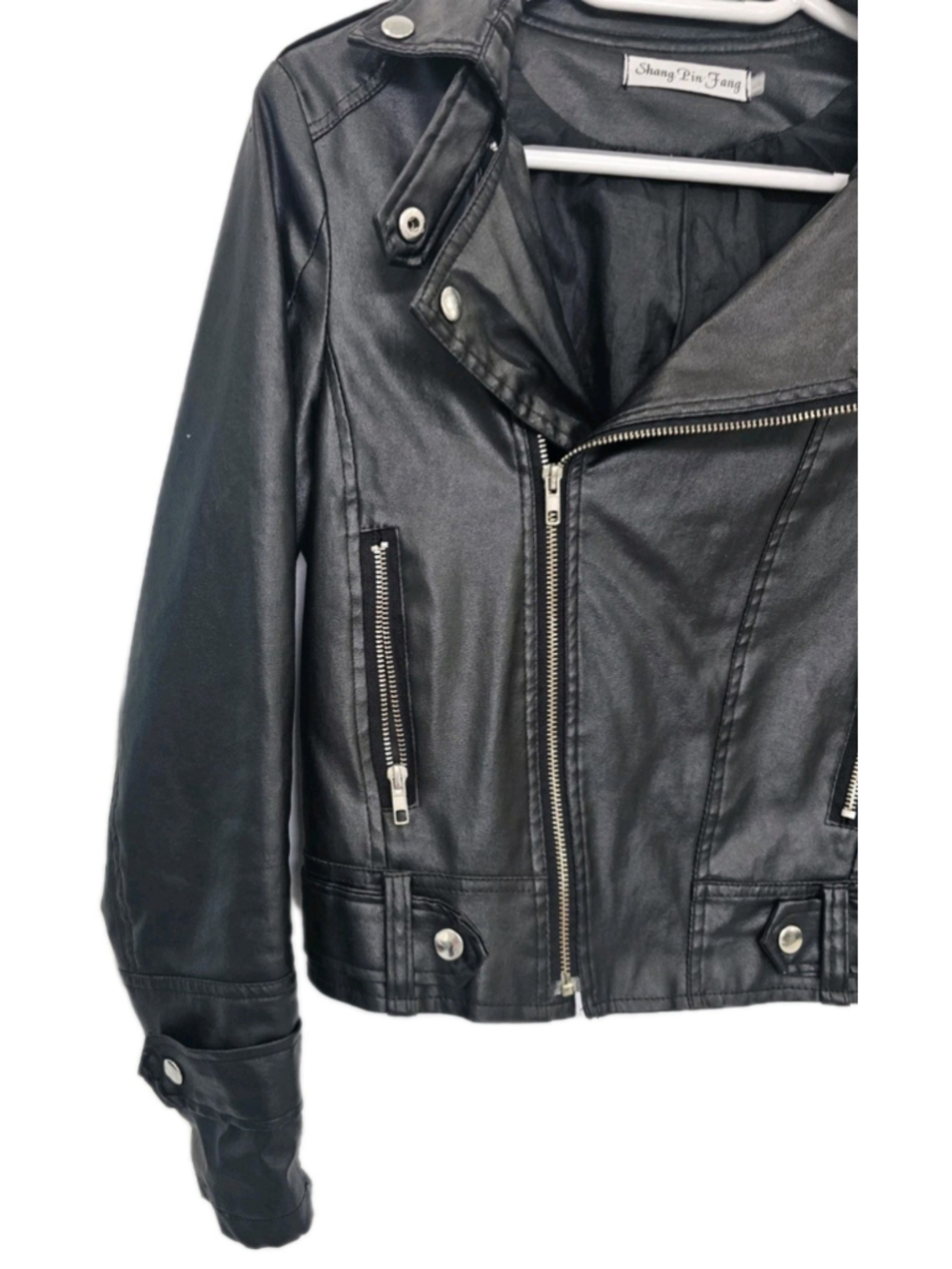 Women’s Black Faux Leather Moto Jacket Cropped Biker Zip Up Punk Rock Size S - Picture 7 of 16